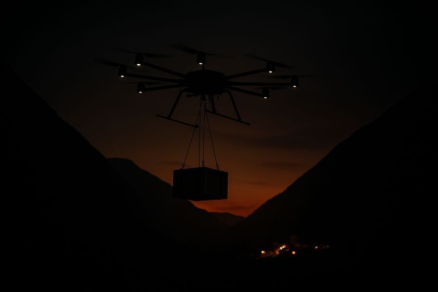 A heavy-lift cargo drone carrying a crate over a mountain valley