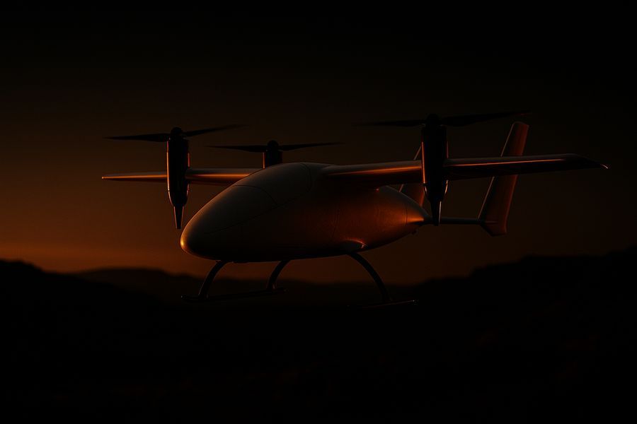 A survey drone with vertical-lift rotors flying at dusk