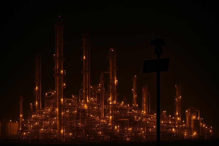 An energy plant at night guarded by a sensor mast