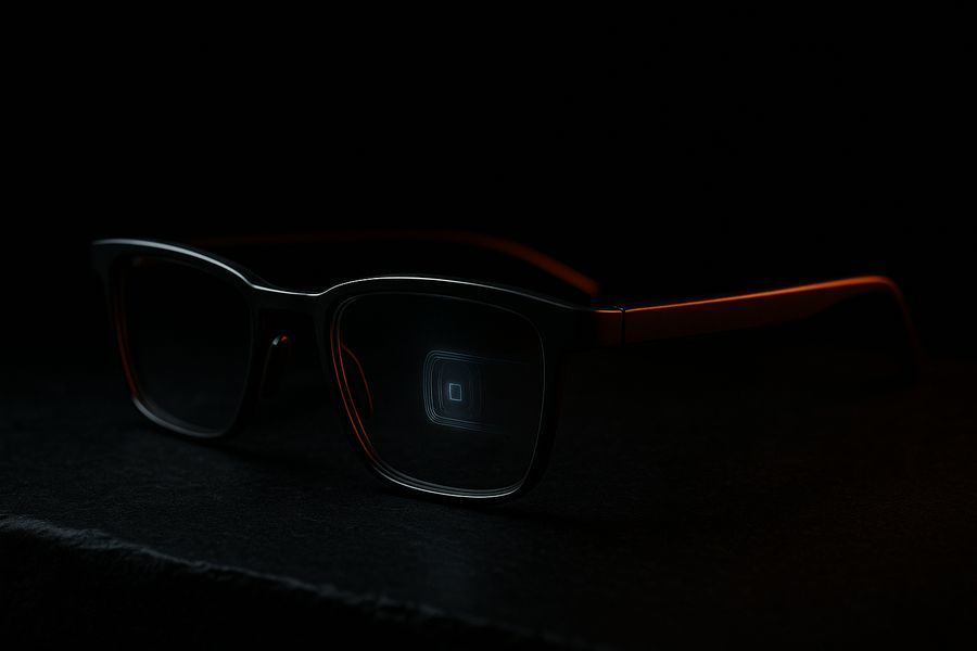 A pair of AR smart glasses on dark stone