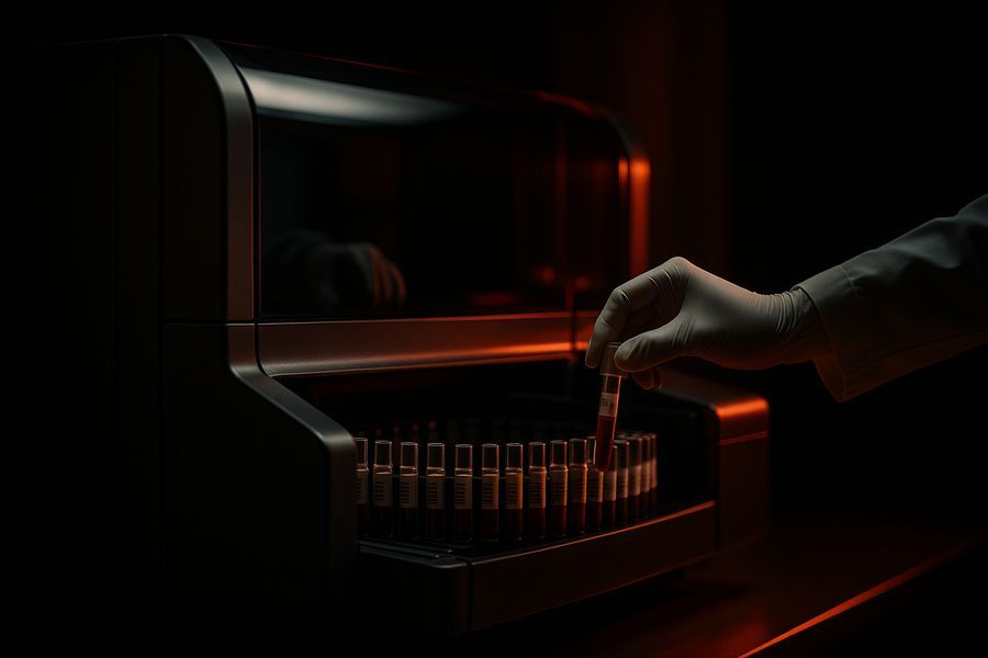 A gloved hand loading a sample tube into an automated lab analyzer