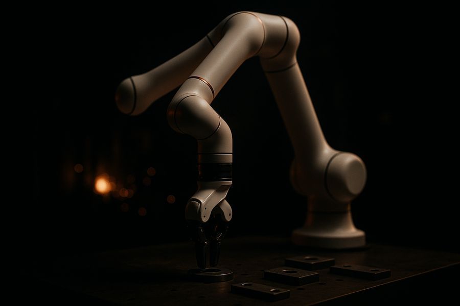 A collaborative robot arm placing a part on a workbench