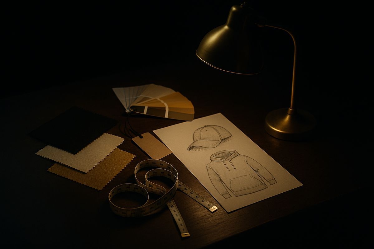 Designer table with fabric swatches and sketches of a hoodie and a cap