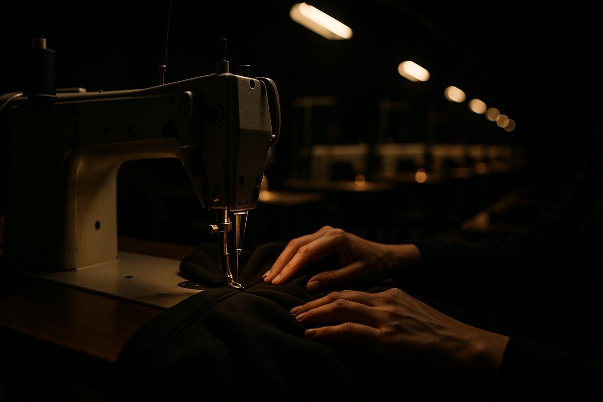 A sewing machine stitching a black hoodie in a garment factory