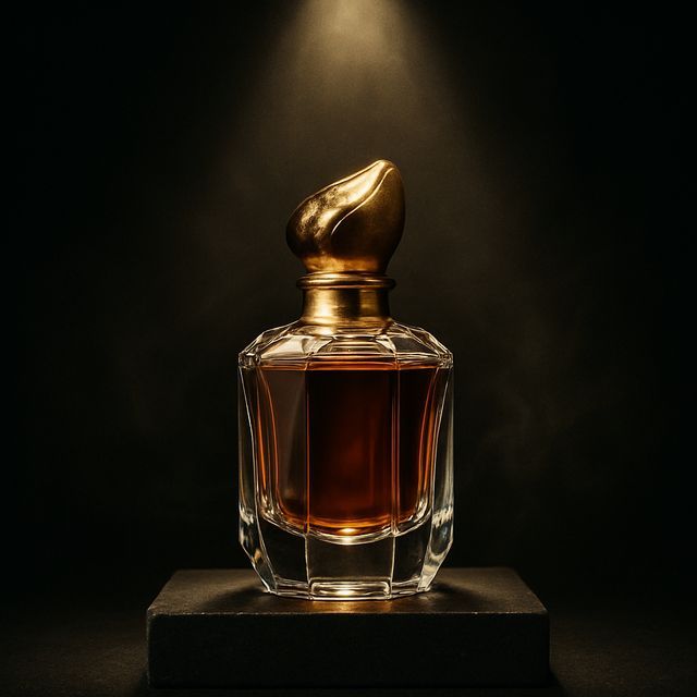 Glass fragrance bottle with a gold cap
