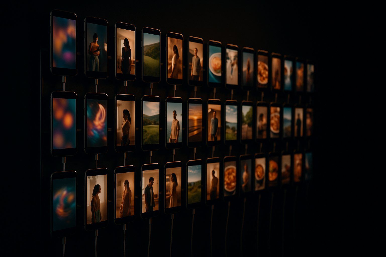 Rows of real iPhones mounted on a wall, each running a different short video